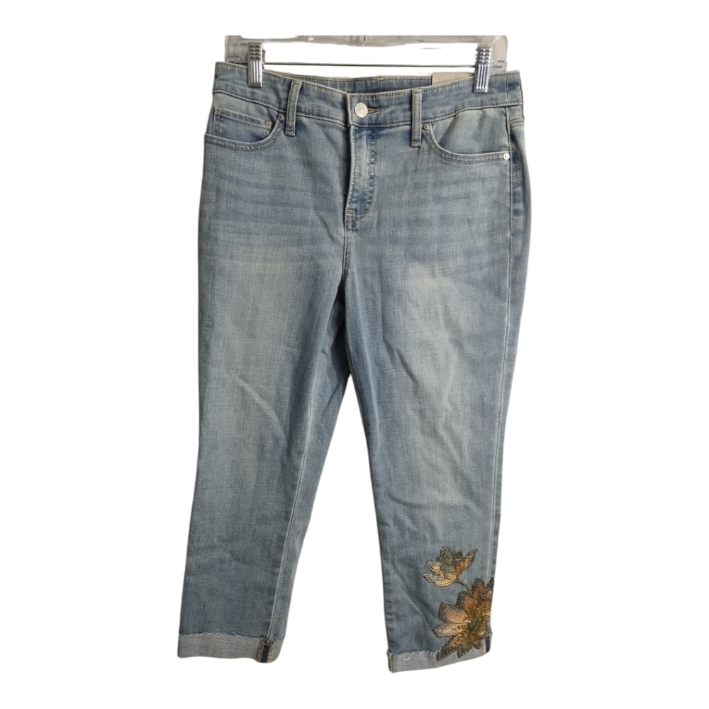 Chicos So Slimming Girlfriend Slim Leg‎ Cropped Embroidered Hem Floral Jean 4